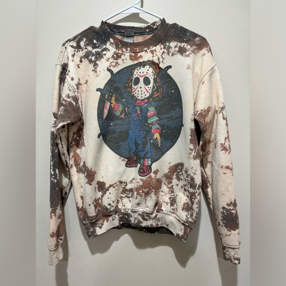 Chucky Jason Mask Halloween Bleached Youth XL Sweatshirt Spooky Scary Fall